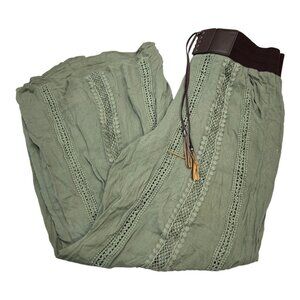 Womens 14/16 Wide Leg Gauzy Pants Crochet Faux Leather Tie Waist Crinkle Rayon